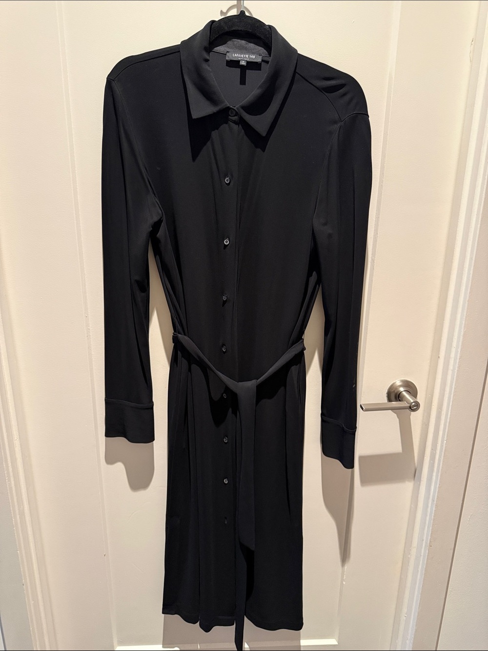 Lafayette 148 Black Long-Sleeve Crepe Shirt Dress with Belt